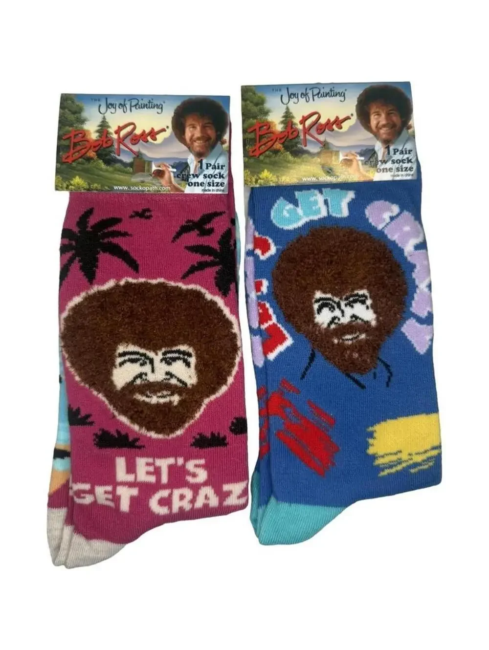 Bob Ross 3D Fuzzy Hair Crew Socks Bundle 2 Pairs Retro Novelty NWT